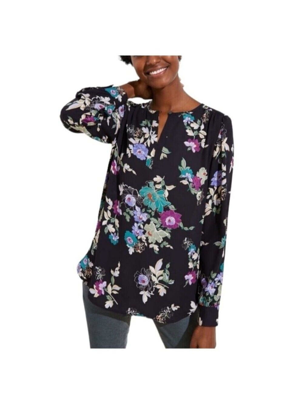 Ann Taylor LOFT Floral Keyhole Tunic Blouse Top Size Small Multicolor Black